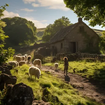 Shepherd guiding flock past a rustic stone barn amidst greenery - Image 1