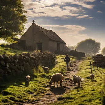 Shepherd guiding flock past a rustic stone barn amidst greenery - Image 3