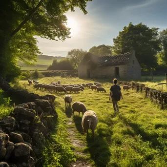 Shepherd guiding flock past a rustic stone barn amidst greenery - Image 4