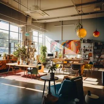 Colorful and artistic co-working space filled with creative workstations - Image 1