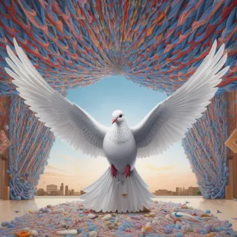 Image of a dove crafted from threads representing stories of conflict and hope. - Image 2