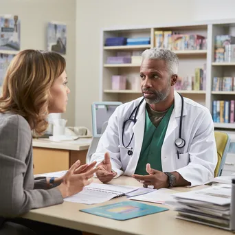 Healthcare professional talking to patient at desk - Image 2