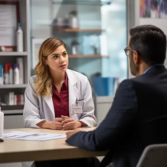 Healthcare professional talking to patient at desk - Image 4