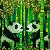 Giant Pandas eating bamboo in green bamboo forest - Image 1