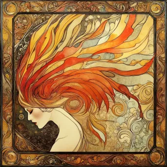 An Art Nouveau styled woman transforming in feathered flames into a firebird - Image 1