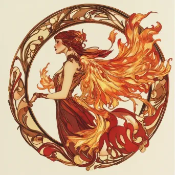 An Art Nouveau styled woman transforming in feathered flames into a firebird - Image 2