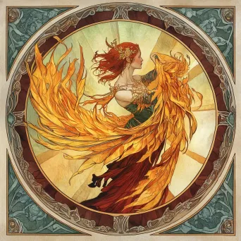 An Art Nouveau styled woman transforming in feathered flames into a firebird - Image 3