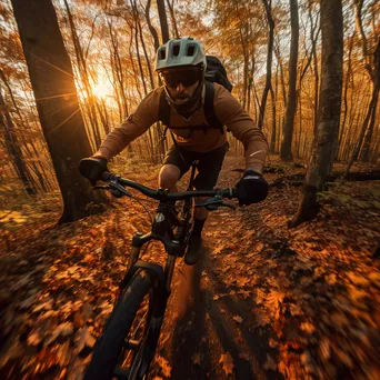 Mountain biker riding through a colorful autumn forest at sunset. - Image 1