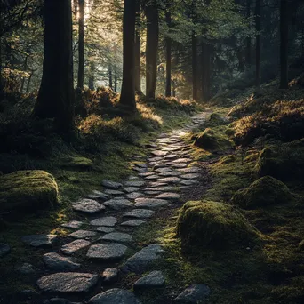 Winding cobblestone path in ancient forest with sunlight filtering through trees - Image 3