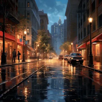 City lights reflecting in rain-soaked street - Image 1