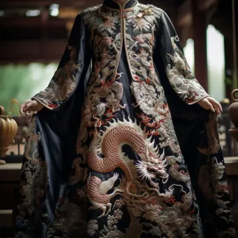 Noblewoman in Chinese Qing Dynasty imperial robe with intricate dragon embroidery in a palace garden. - Image 2