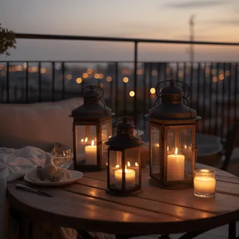 Romantic table setting for two on rooftop terrace at twilight. - Image 3