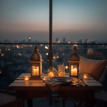 Romantic table setting for two on rooftop terrace at twilight. - Image 4