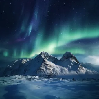 Snow-covered mountains at midnight with aurora borealis in the sky - Image 1