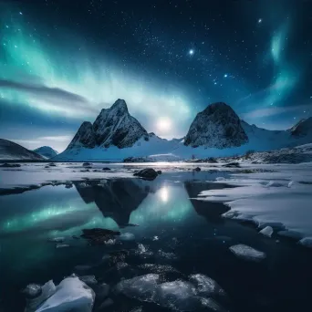 Snow-covered mountains at midnight with aurora borealis in the sky - Image 4