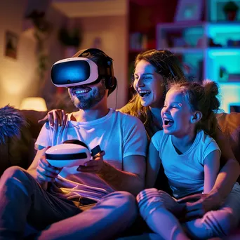 Family enjoying a game night with VR headsets at home. - Image 1