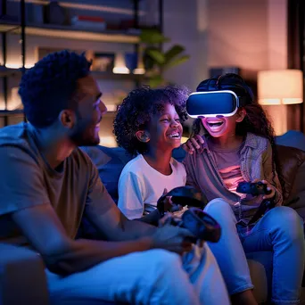 Family enjoying a game night with VR headsets at home. - Image 2