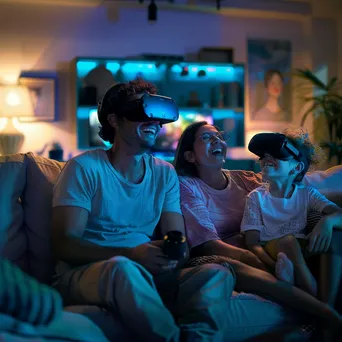 Family enjoying a game night with VR headsets at home. - Image 3