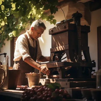 Winemaker operating a wooden wine press - Image 1