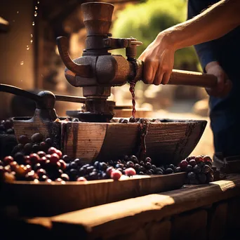 Winemaker operating a wooden wine press - Image 2