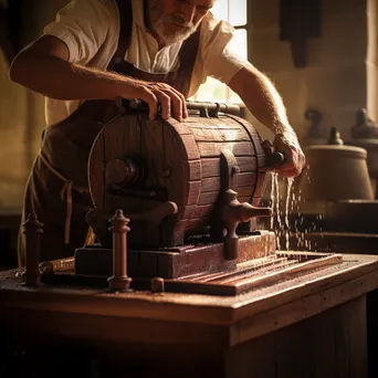 Winemaker operating a wooden wine press - Image 4