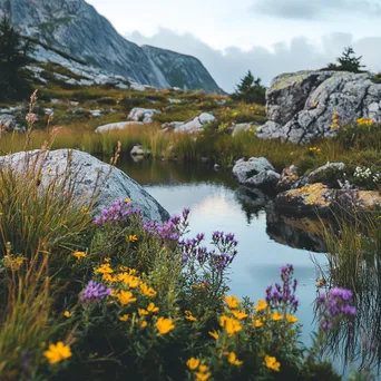 Alpine Flowers by the Tranquil Lake