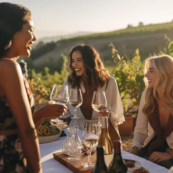 Guests enjoying wine tasting at an outdoor vineyard terrace. - Image 3