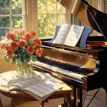 Grand piano in a sunlit room with scattered sheet music and roses - Image 2