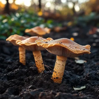 Tawny mushrooms emerging from dark soil - Image 2