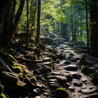 Rocky woodland trail with sunlight filtering through branches - Image 1