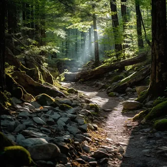 Rocky woodland trail with sunlight filtering through branches - Image 3