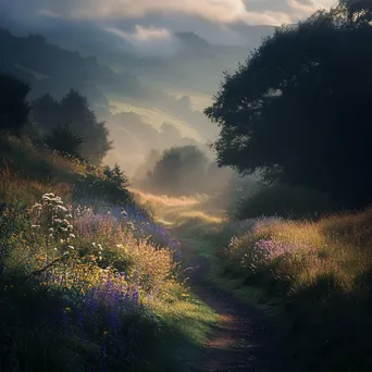 Winding path through a foggy valley with wildflowers - Image 1