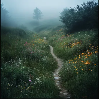 Winding path through a foggy valley with wildflowers - Image 2