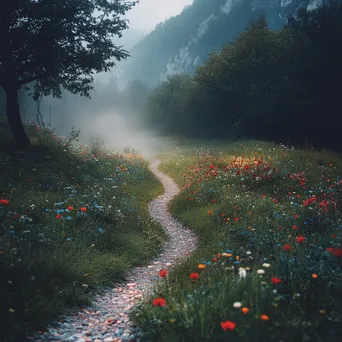 Winding path through a foggy valley with wildflowers - Image 3