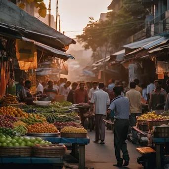 Busy street market with fresh fruits and vegetables during golden hour, people engaging in conversation. - Image 2