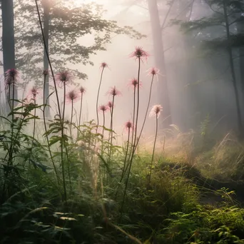 Misty forest understory with tall grasses and flowers surrounded by fog. - Image 1