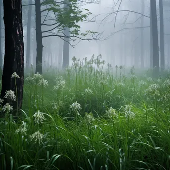 Misty forest understory with tall grasses and flowers surrounded by fog. - Image 2