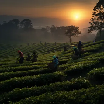 Workers preparing to gather tea leaves at dawn - Image 1