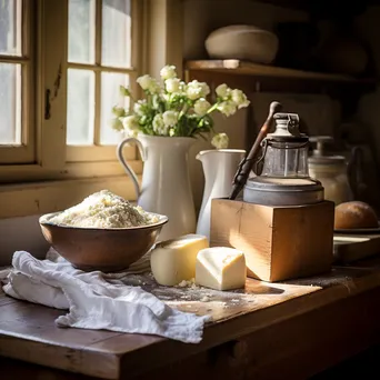 Traditional butter churn in a sunlit kitchen corner with farm produce and flour sacks - Image 1