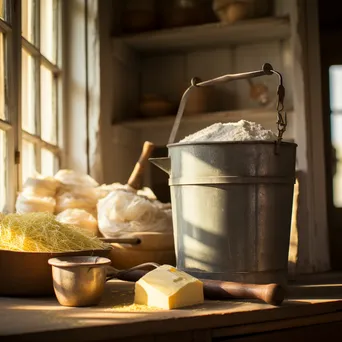 Traditional butter churn in a sunlit kitchen corner with farm produce and flour sacks - Image 3