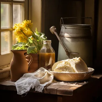 Traditional butter churn in a sunlit kitchen corner with farm produce and flour sacks - Image 4