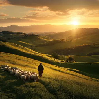 Shepherd guiding sheep across green hills during sunset - Image 1