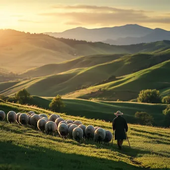 Shepherd guiding sheep across green hills during sunset - Image 2