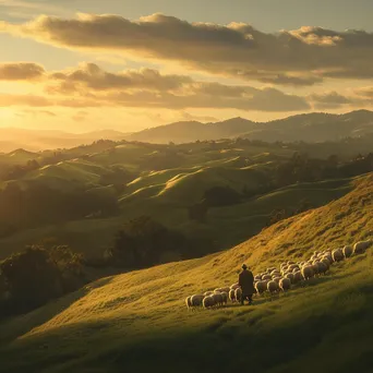 Shepherd with Flock at Sunset