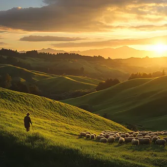 Shepherd guiding sheep across green hills during sunset - Image 4