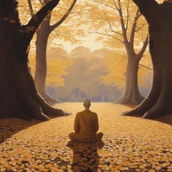 Young monk meditating under a Bodhi tree with golden leaves in the morning light - Image 4