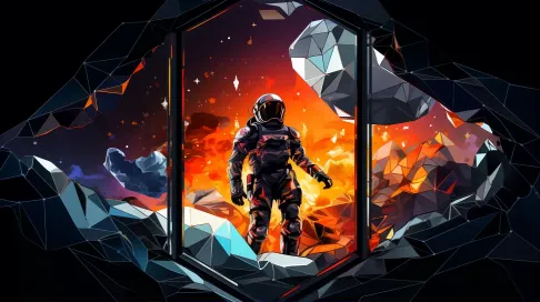 Low poly astronaut encountering an alien through a spaceship window employing glass painting designs - Image 1