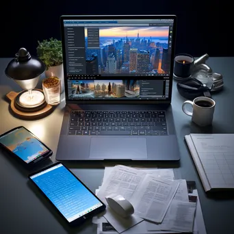 Office desk with laptop and planner under bright lights - Image 1