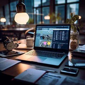 Office desk with laptop and planner under bright lights - Image 2