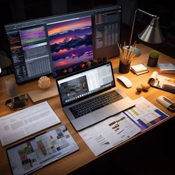 Office desk with laptop and planner under bright lights - Image 3